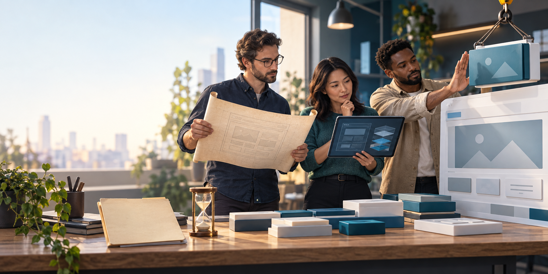 A product team pauses beside a modular website under construction while comparing an old blueprint with a fresh diagnostic scan.