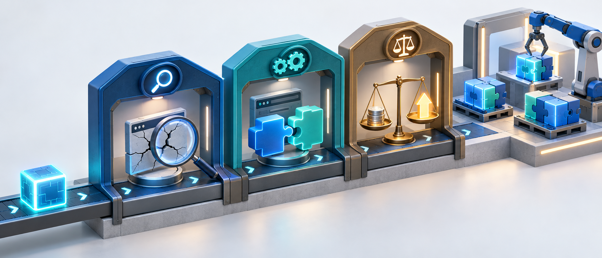 A project module passes through three visual checkpoints that inspect the problem, test the solution, and weigh resources against opportunity.