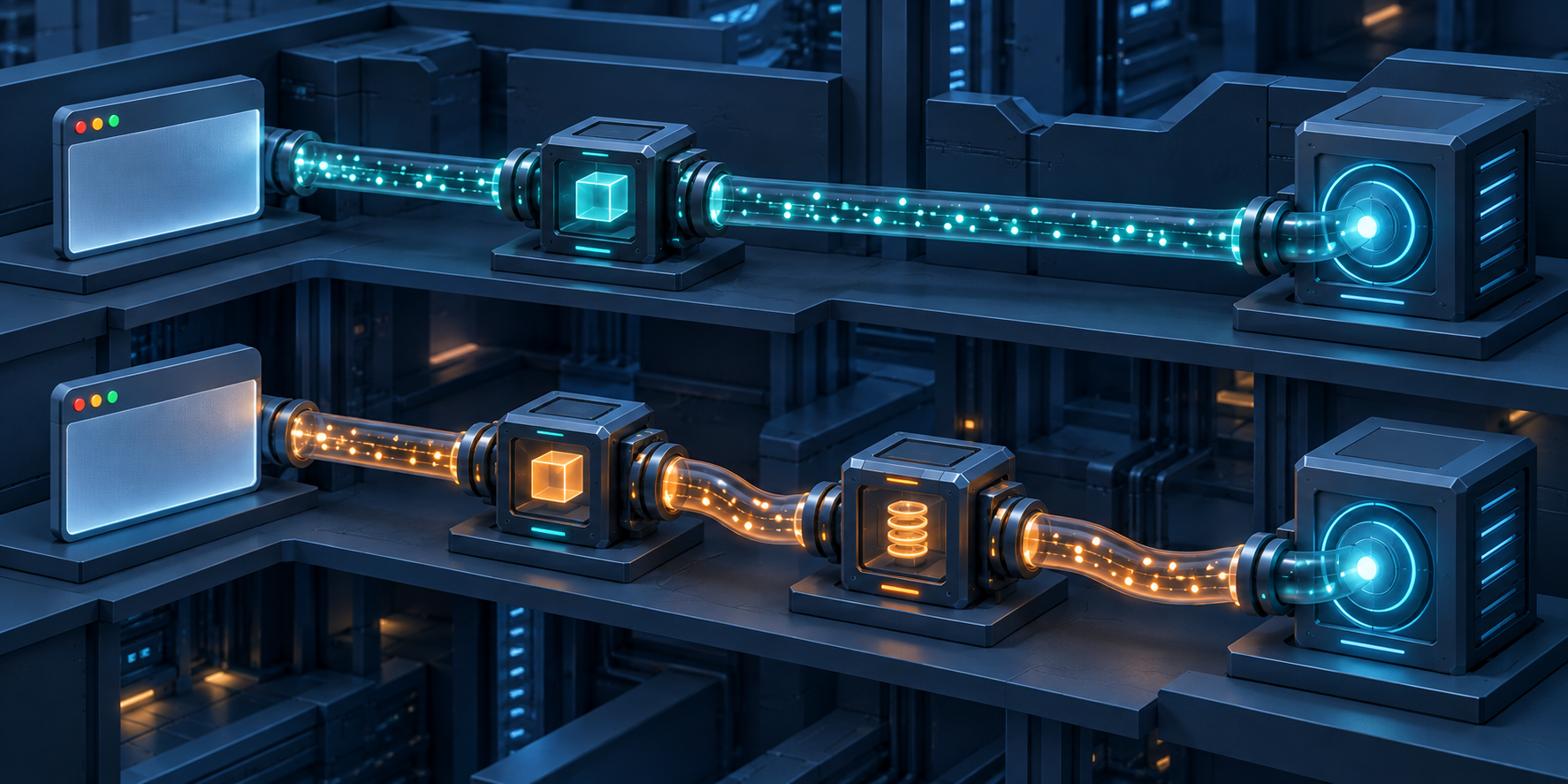 Two parallel digital pathways show one browser connection taking a direct route through a container and another passing through an extra script module.