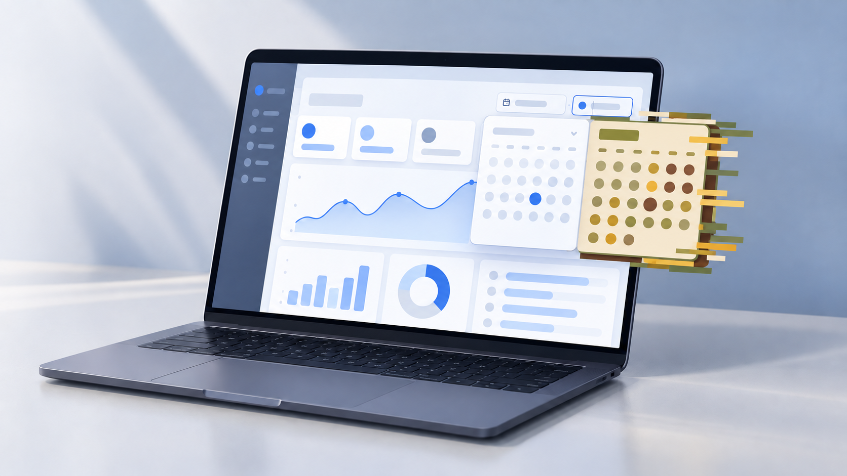 A laptop with a modern analytics dashboard and a calendar panel that shifts into a retro color scheme.