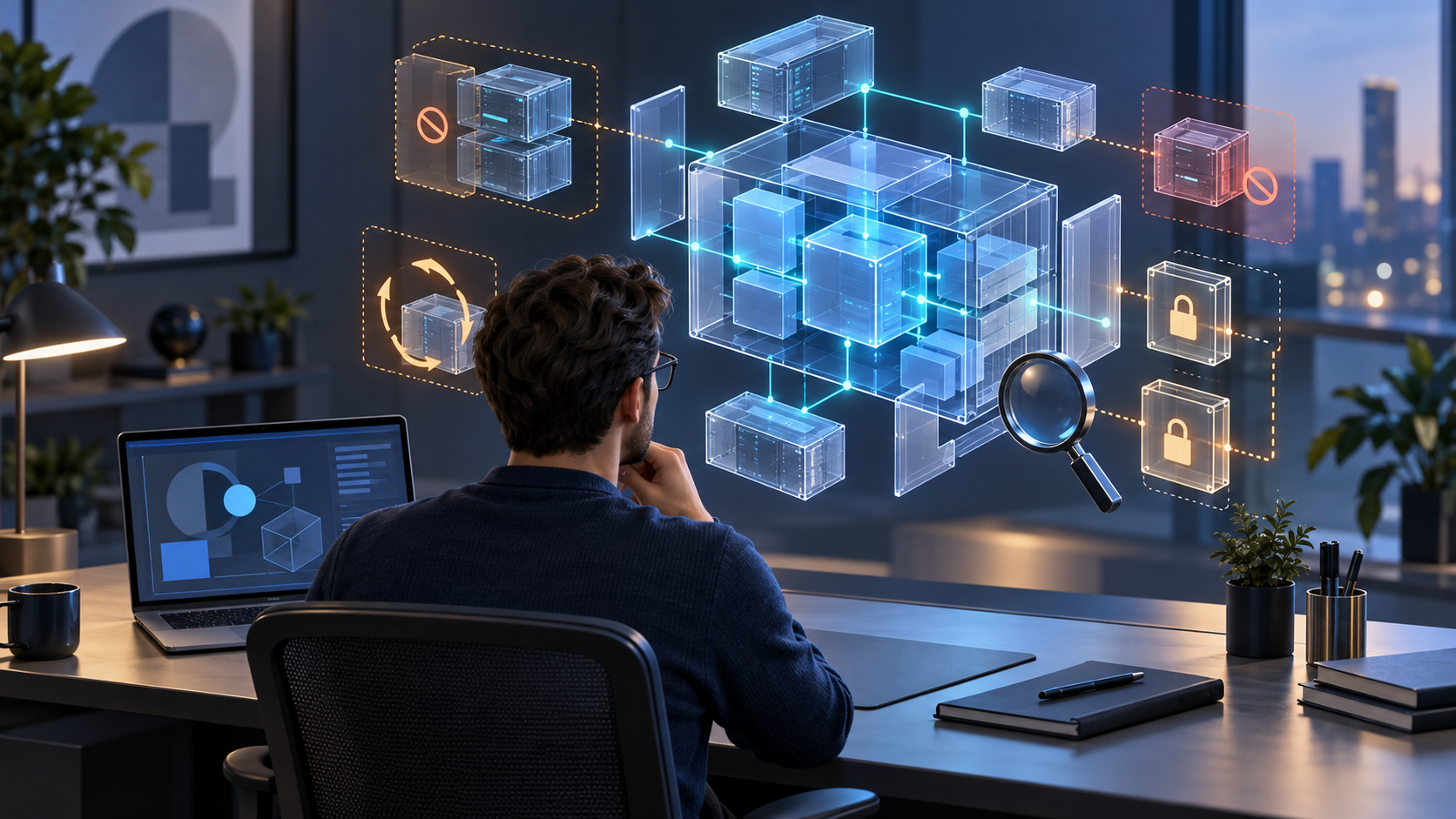 An analyst examines an exploded view of a modular tag container with glowing connections, redundant loops and isolated permission gates.