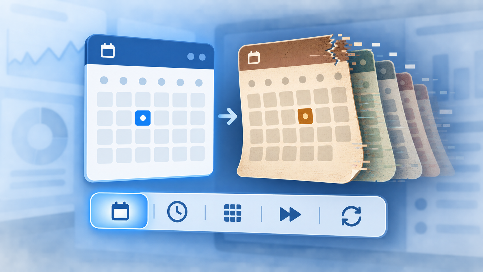 Two calendar panels above a generic dashboard, with the end-date panel distorted while preset controls remain orderly.