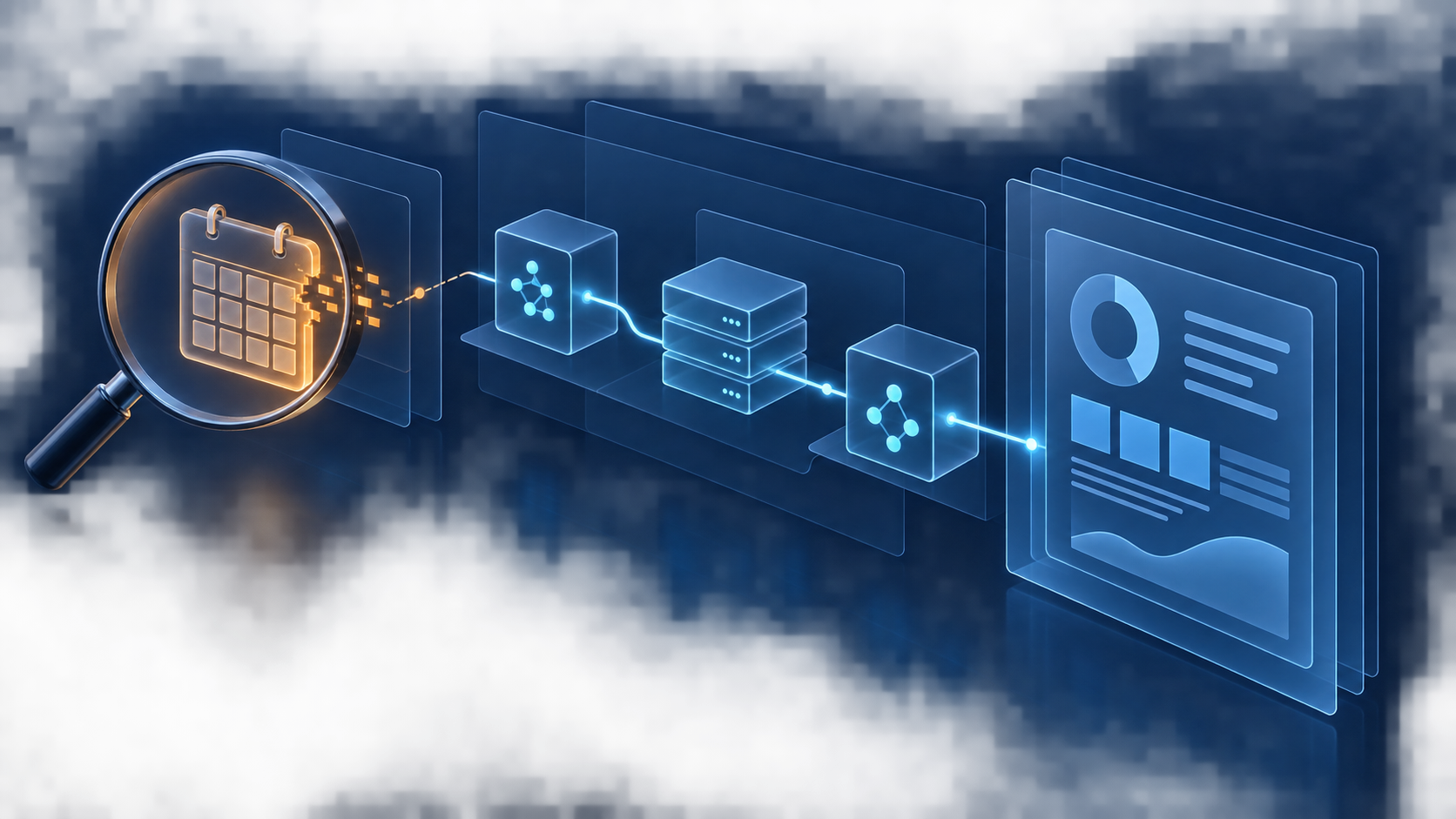 A magnifying glass isolates a glowing calendar-control fault above an otherwise intact analytics data pipeline.