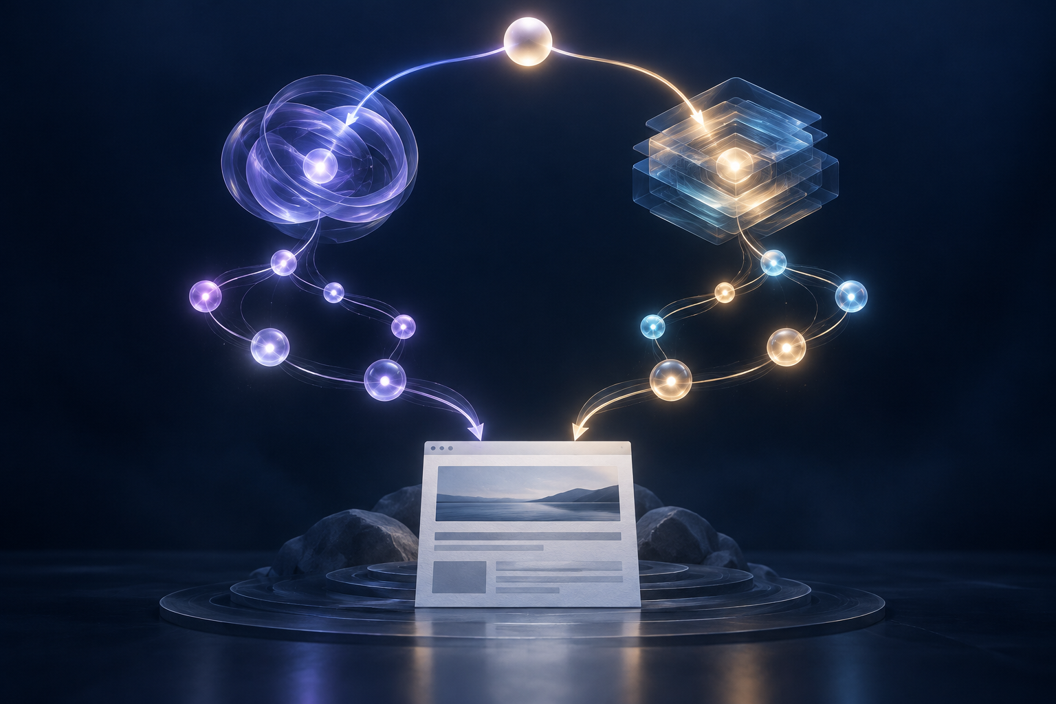 An unchanged web page beneath two glowing AI reasoning systems that form different branching paths toward a final decision.
