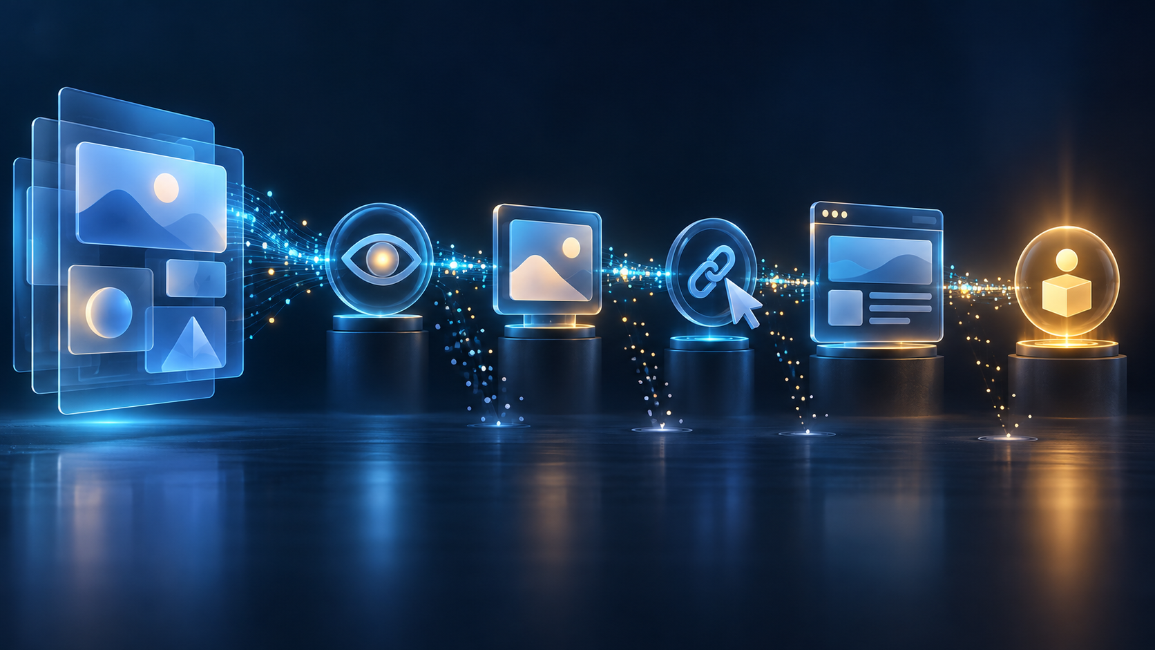 Glowing signal particles travel from an abstract AI answer interface through exposure, click, website, and conversion checkpoints.