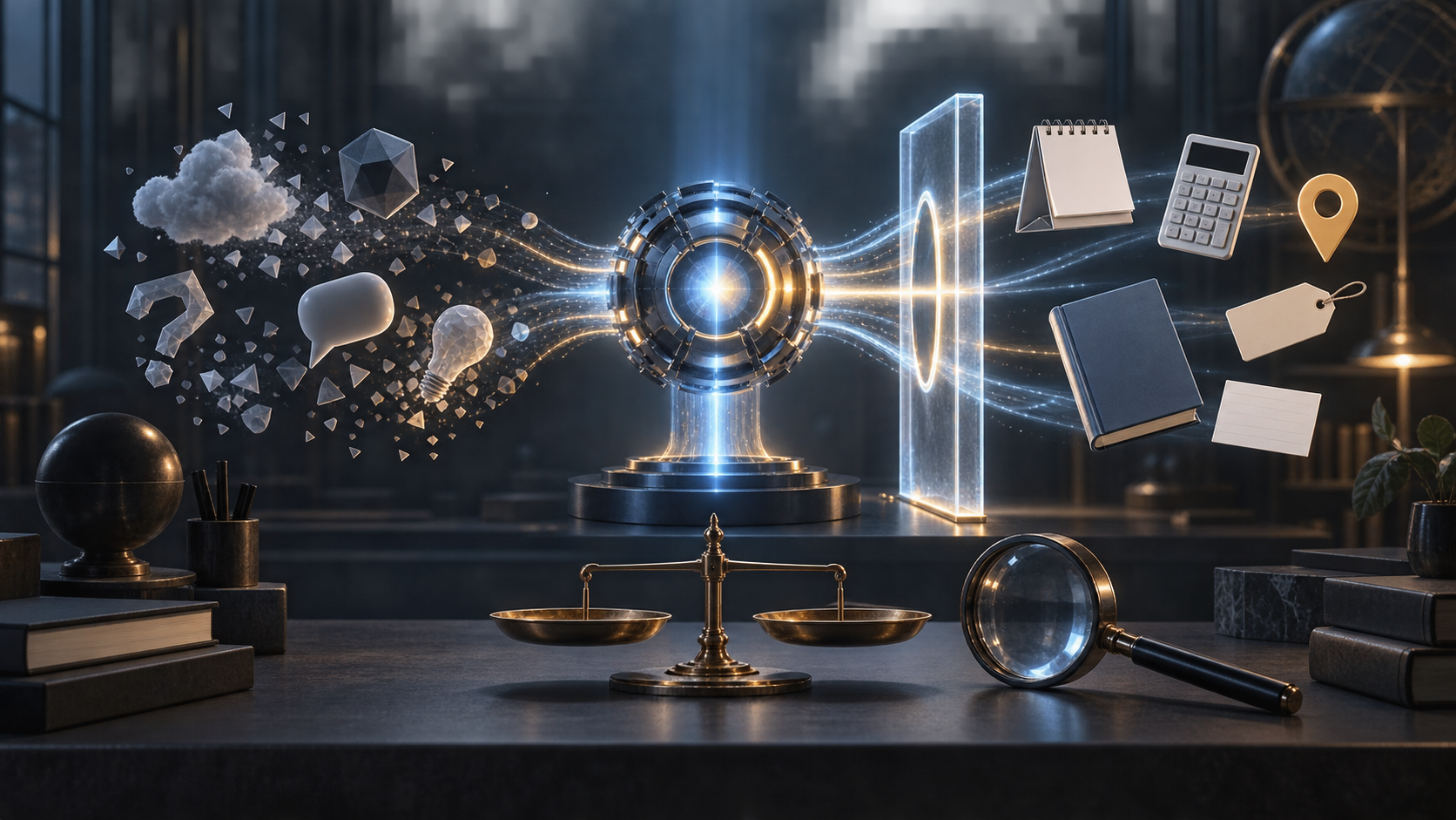 An artificial-intelligence core sends factual objects through a transparent verification gate while unsupported objects dissolve into fragments beside a balance and magnifying lens.