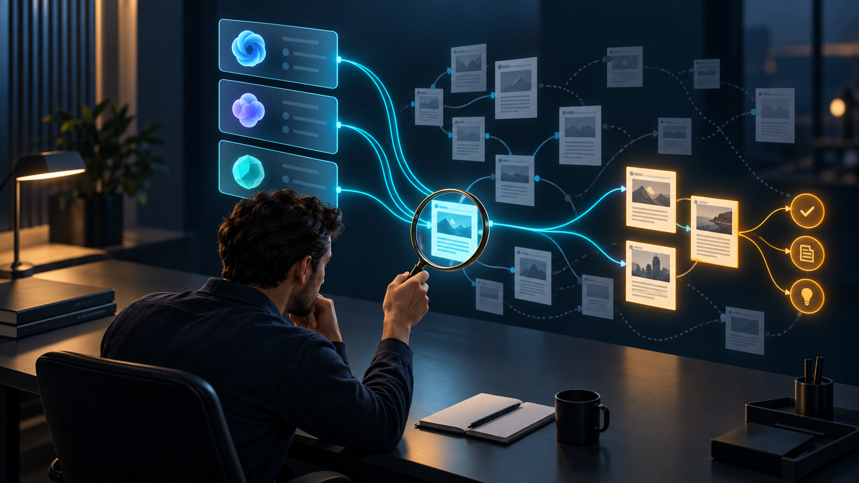 An analyst traces glowing citation paths from three AI interfaces to website documents and highlighted evidence cards.