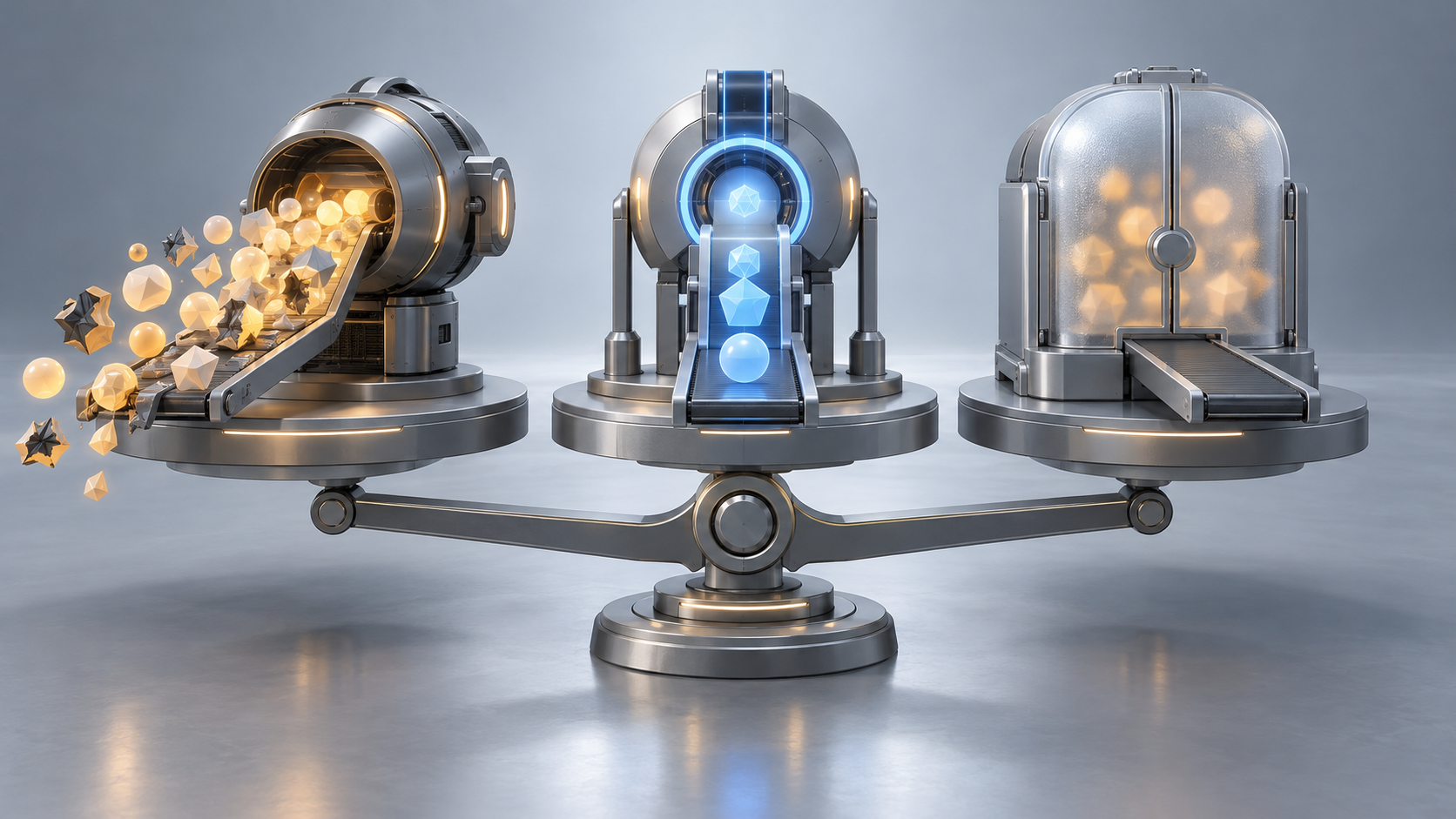 Three generic AI machines handle uncertain inputs differently, with one producing distorted fragments, one blocking most outputs, and one passing selected intact objects through a verification aperture.