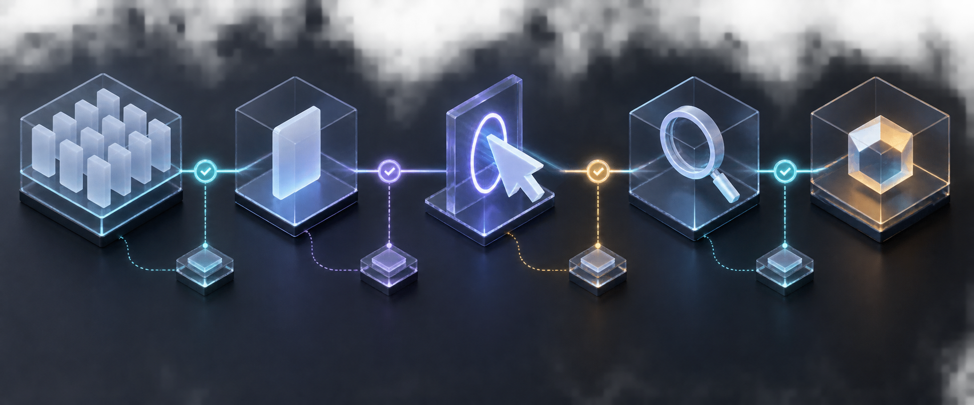 Five transparent measurement modules are linked by illuminated paths and verification points across a dark workspace.