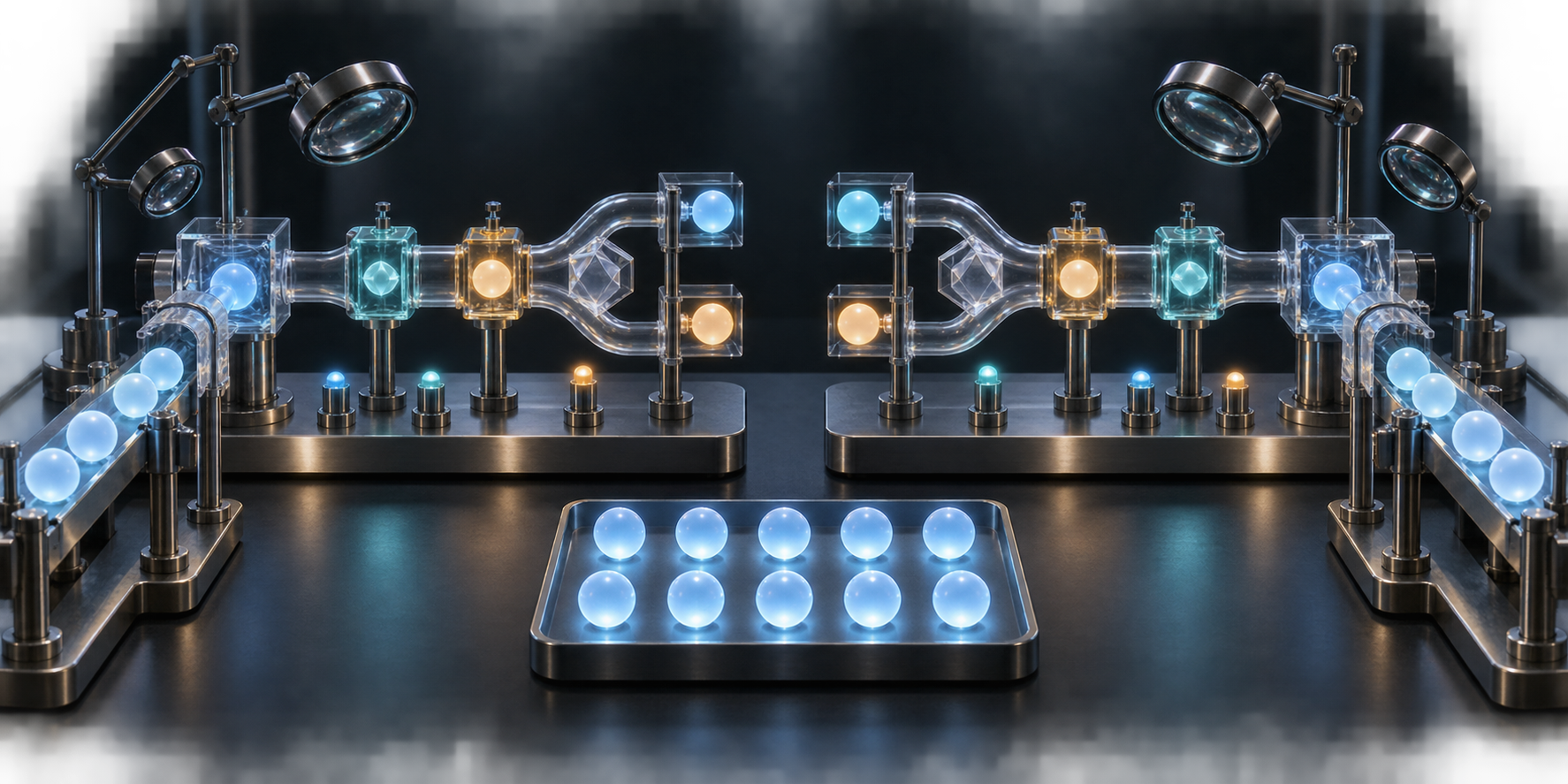 A laboratory-style testing rig sends identical glowing inputs through two transparent branching systems with matching checkpoints.