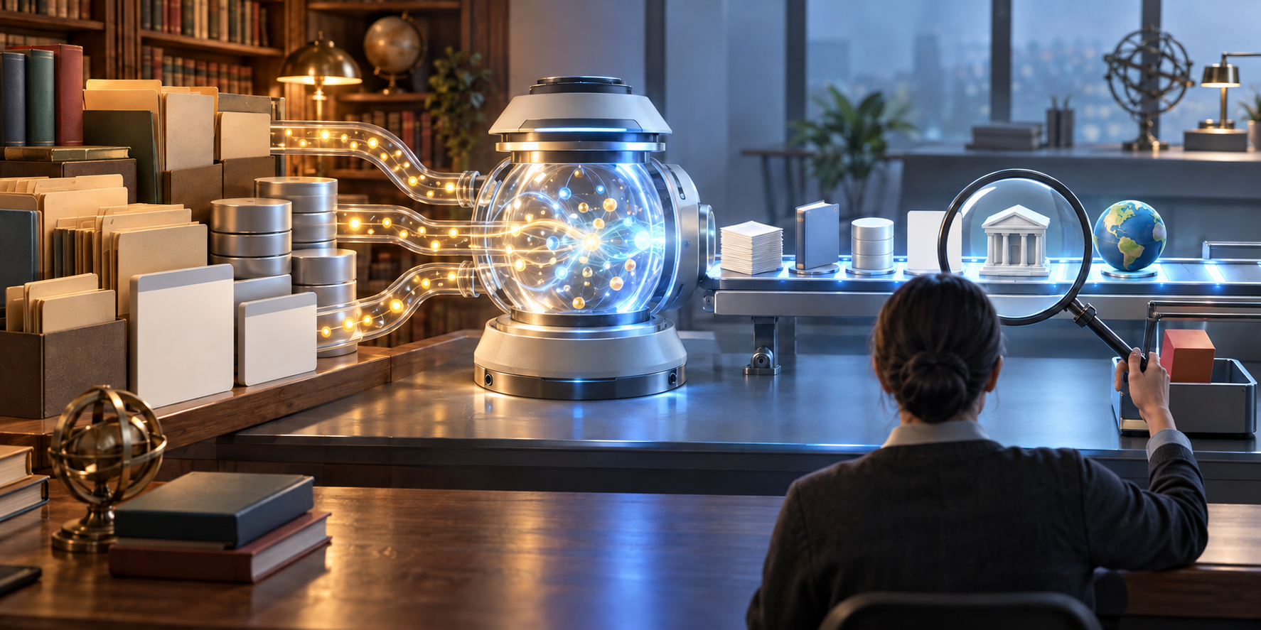 Documents and database sources feed an AI engine, while an analyst uses a magnifying lens to remove one mismatched item from the generated output.