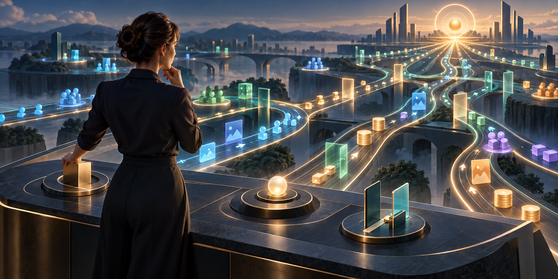A strategist adjusts high-level control gates above a network of automated pathways carrying campaign signals and budget tokens toward a business goal.