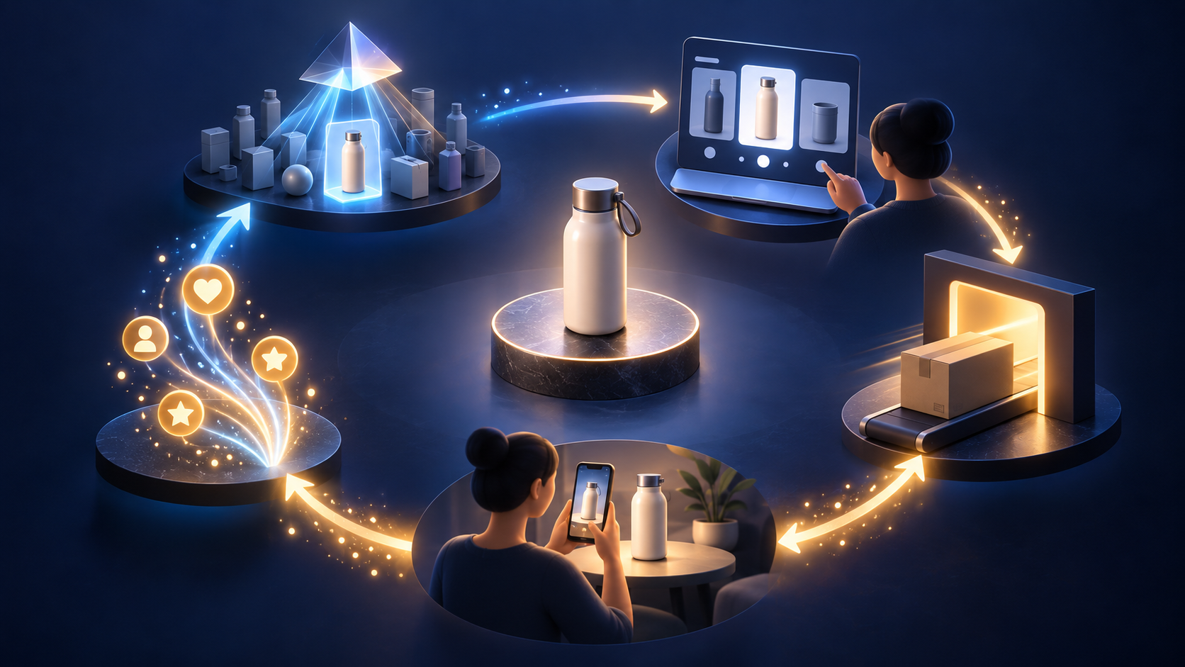 A circular ecommerce loop connects an AI shortlist, product comparison, purchase, product ownership, and evidence flowing back into future recommendations.