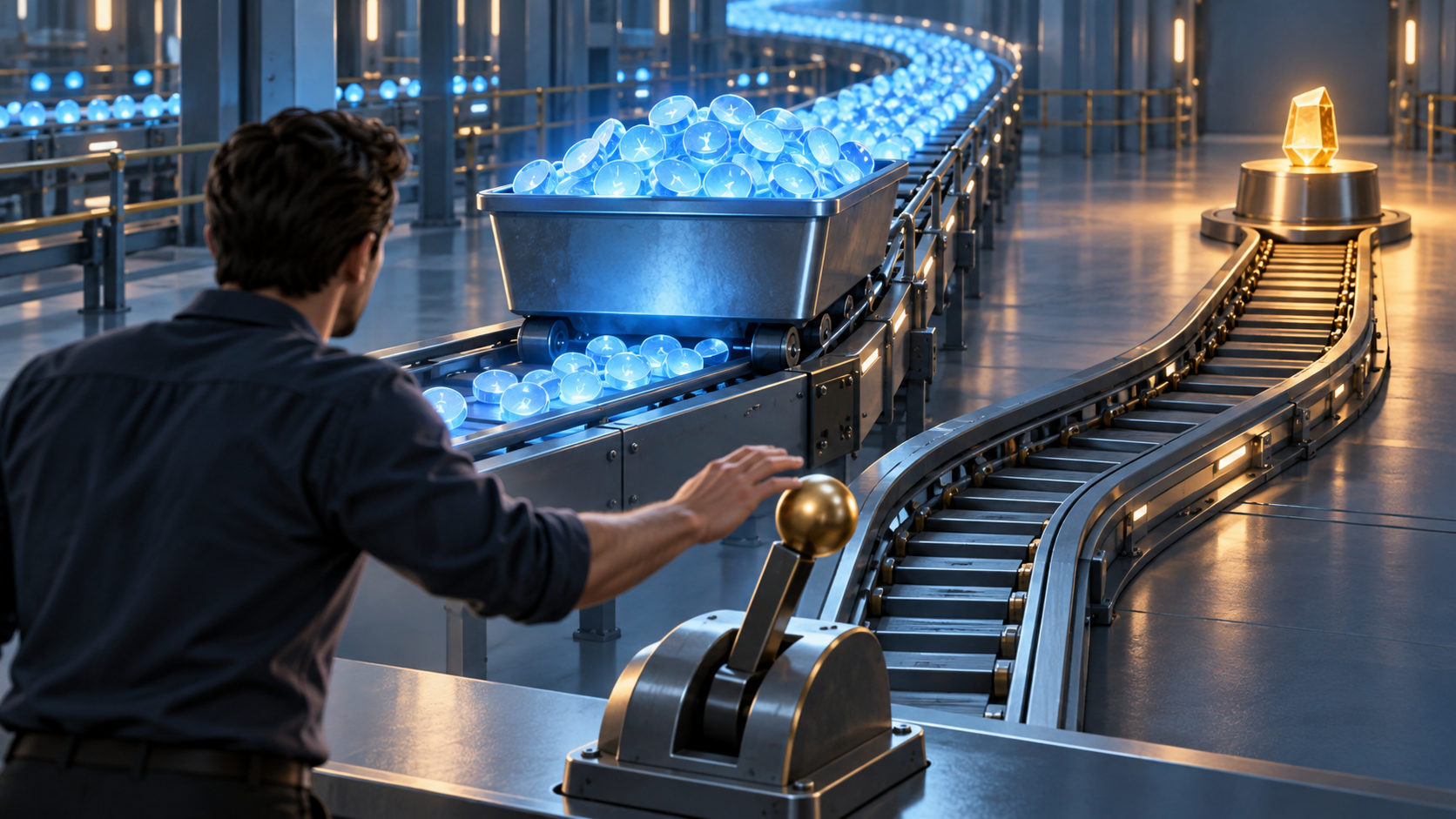 A precision machine efficiently sorts glowing tokens onto a path that leads away from a valuable golden destination while a person reaches for the routing control.