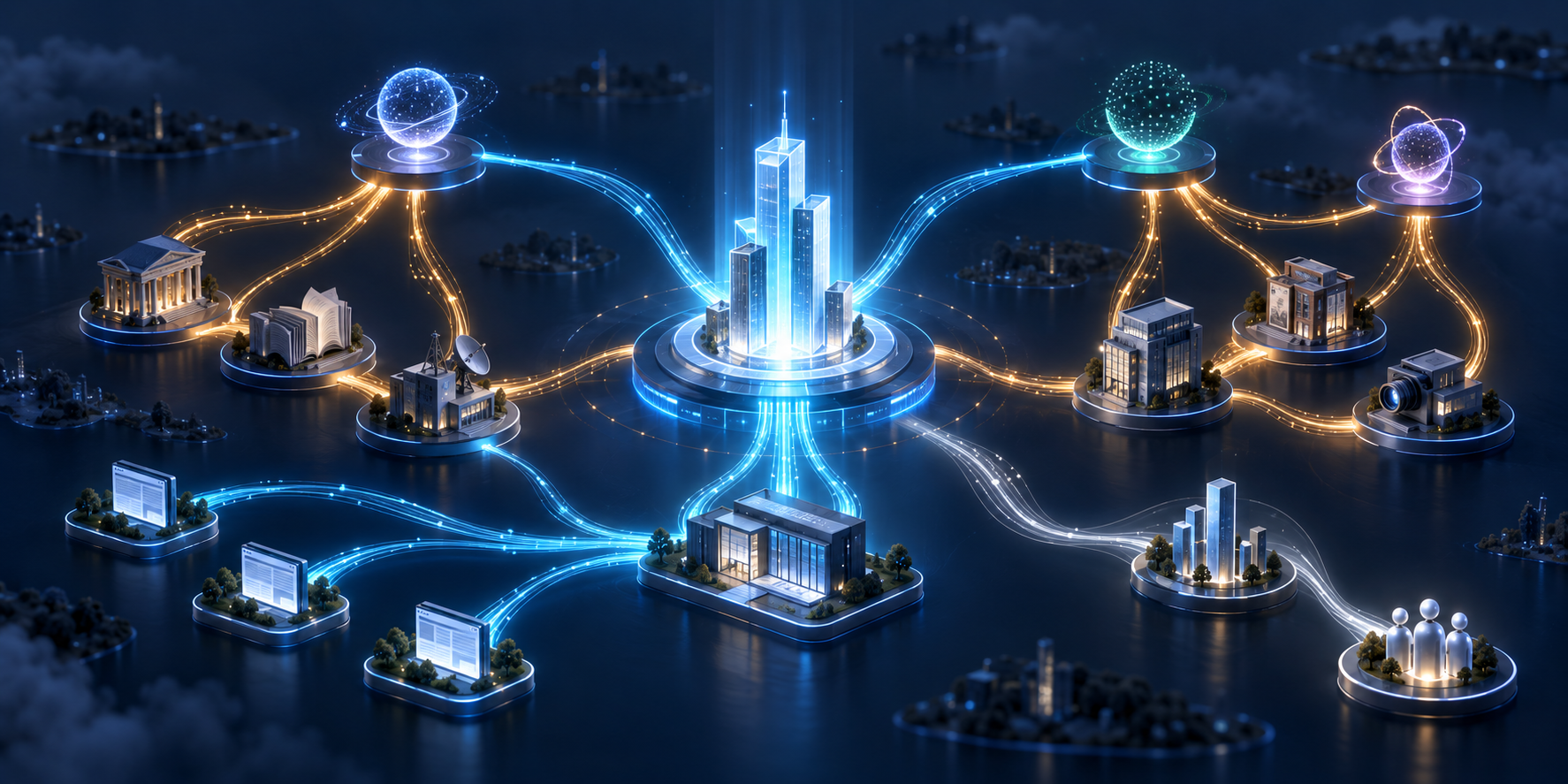 A glowing central beacon connects to AI answer nodes, website sources, and third-party publisher nodes through separate blue and amber pathways.