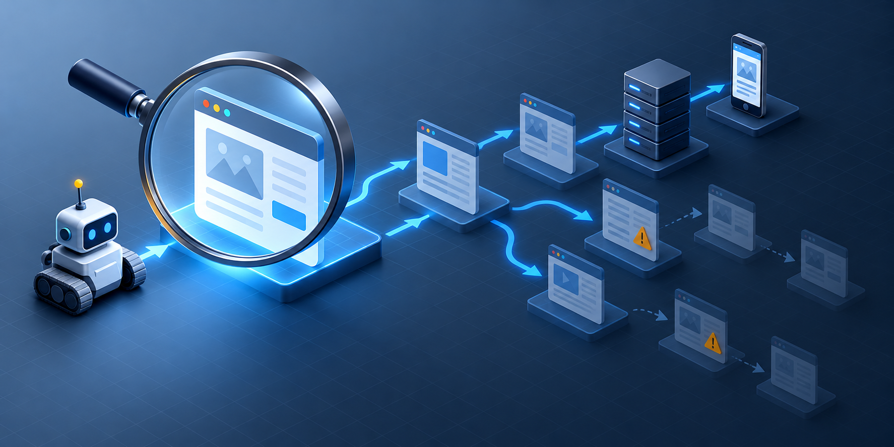 Magnifying lens inspecting the first node of a web request path that branches through redirects, a deep link, a server, and an automated crawler.
