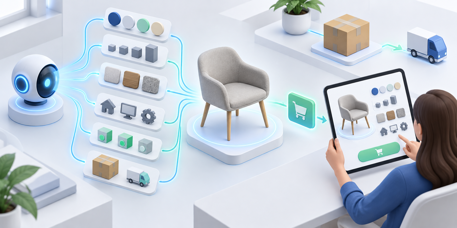 A generic product is surrounded by organized attribute, availability, delivery, and purchase symbols while an AI lens and a shopper examine it.