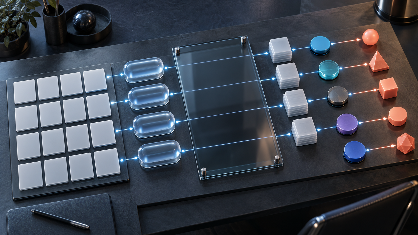 An organized analysis table links blank prompt tiles, answer capsules, source blocks, platform tokens, and outcome markers with illuminated lines.