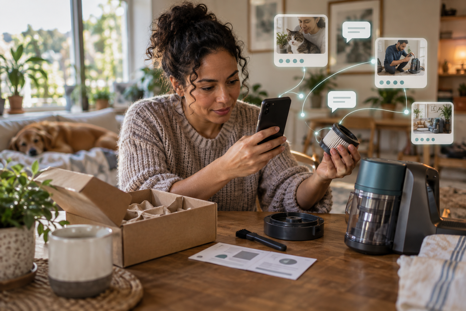 A customer uses and photographs an unbranded product at home as visual evidence signals spread toward abstract online community windows.