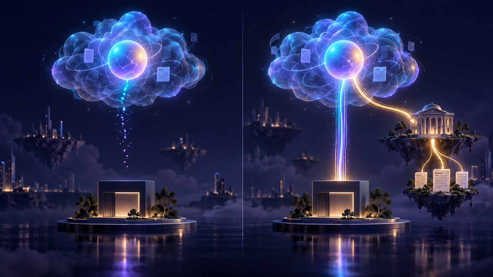 Two AI answer clouds show contrasting source paths: one displays a bright sphere without a website connection, while the other connects the sphere to a website and source documents.