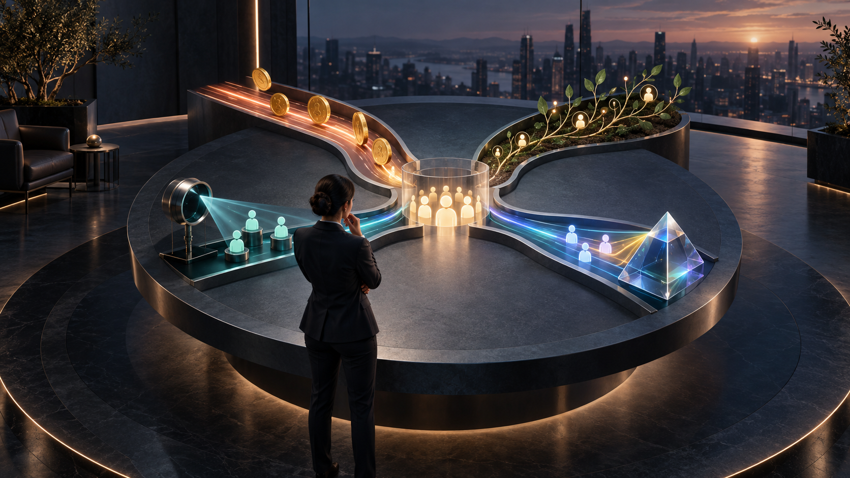 Marketing strategist comparing several symbolic lead generation pathways that converge into a customer pipeline.