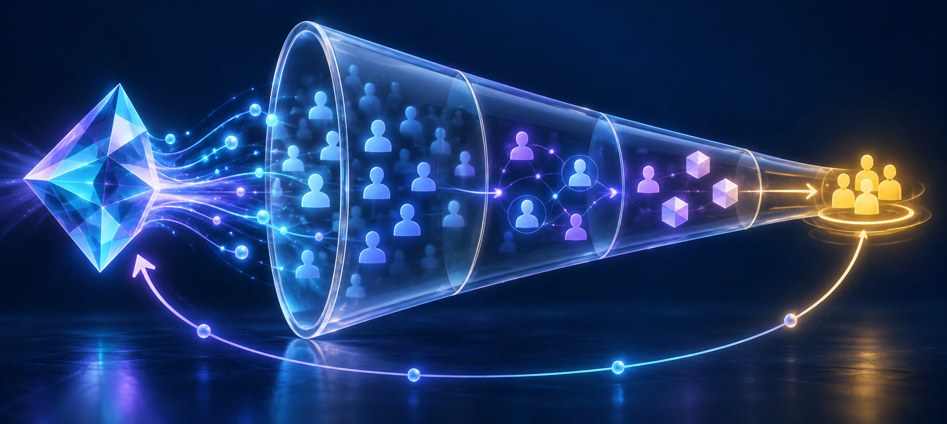 Glowing AI referral signals passing through a transparent funnel from visitors to qualified opportunities and customers.