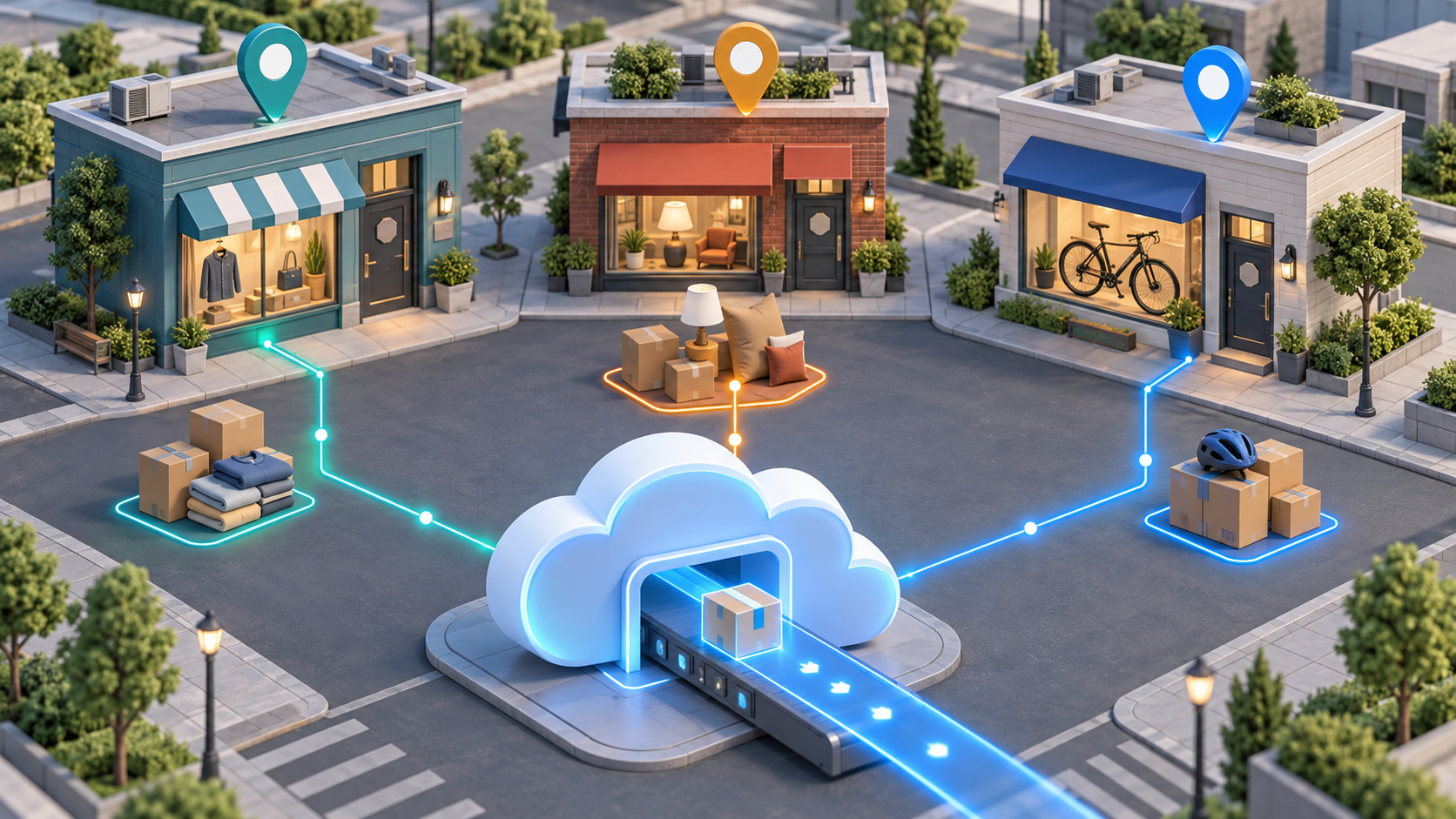 Isometric illustration of product packages and location pins connected through a digital feed to three separate retail stores.