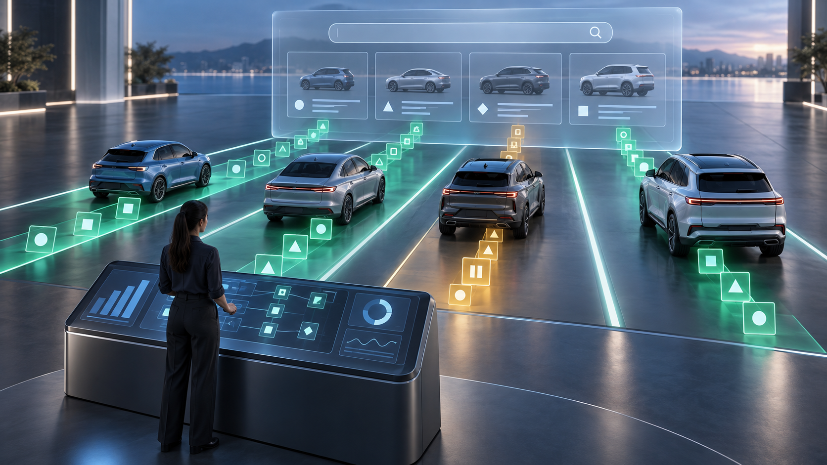 An unbranded lineup of cars sends abstract data tiles along illuminated lanes toward a generic search interface while a specialist monitors the process.