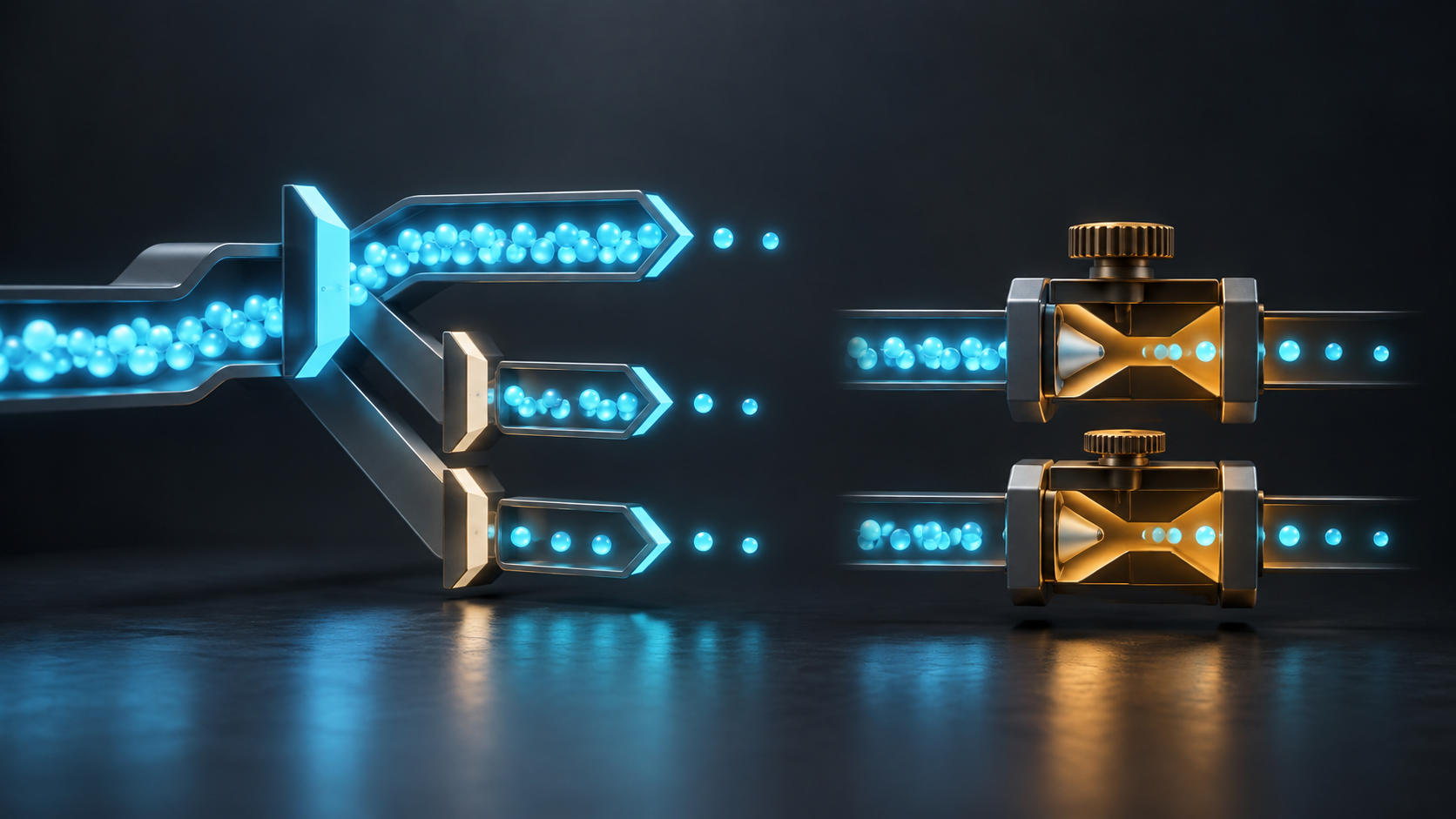 Glowing tokens pass through ordered branching gates and then through narrower adjustable openings that limit secondary flows.