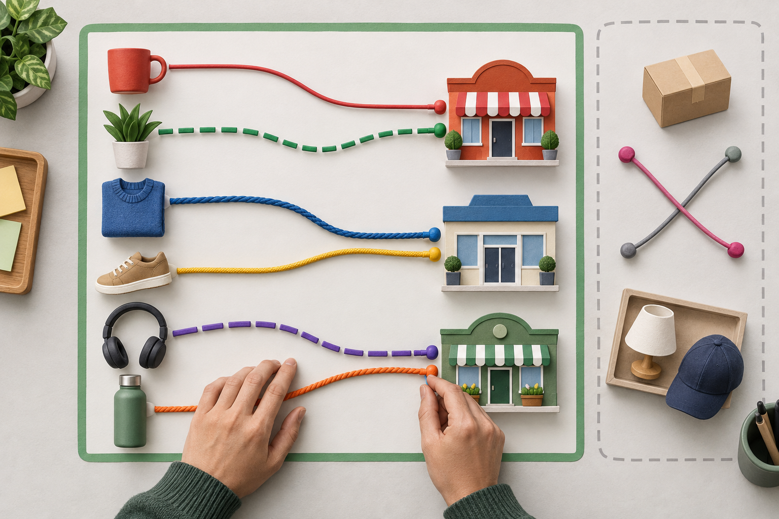 Top-down illustration of products connected by color-coded lines to three miniature storefronts as a person checks the mappings.