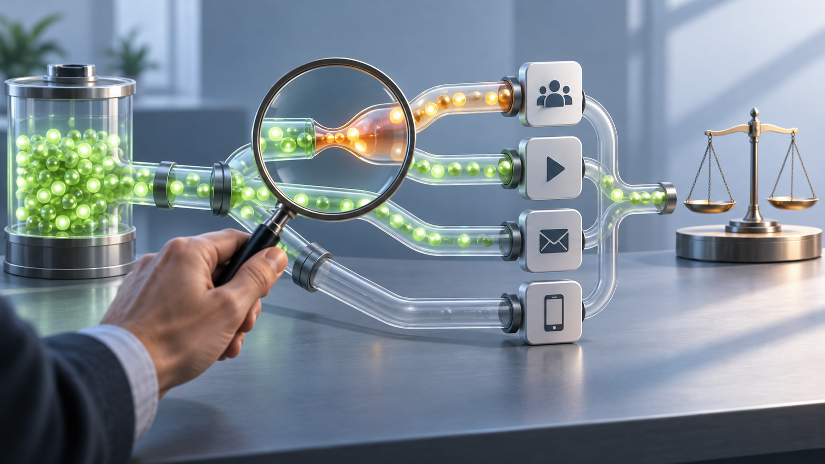A hand uses a magnifying lens to inspect flow, bottlenecks, and unused capacity in a transparent multi-channel advertising pipeline.