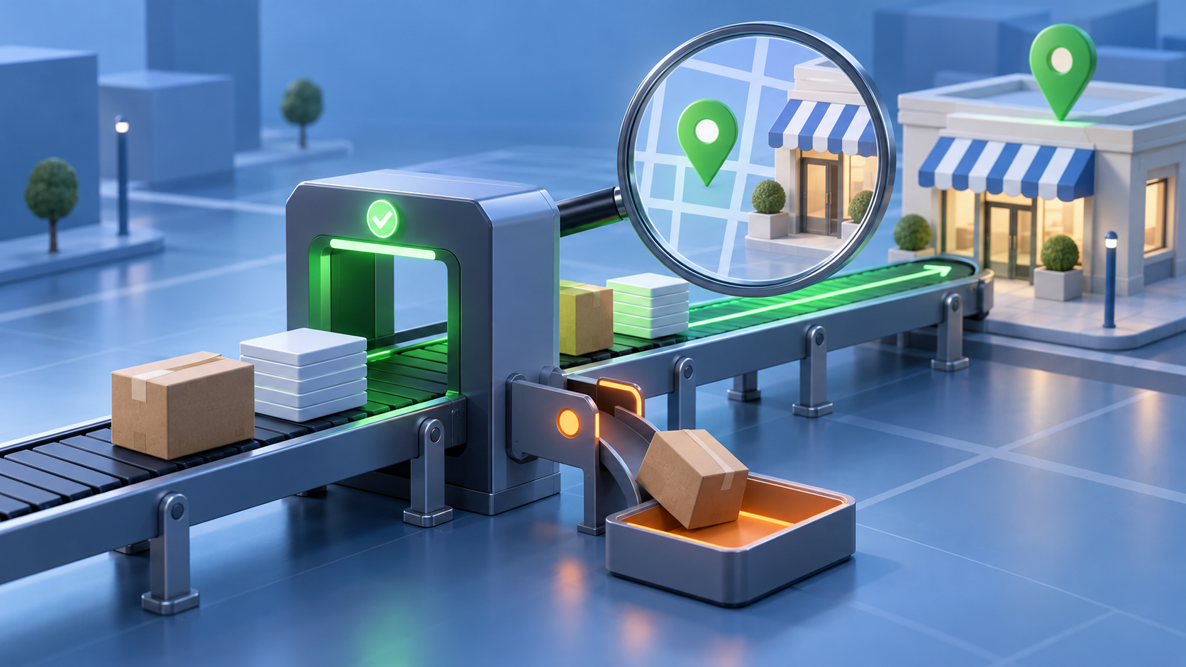 Illustration of a product record passing through a magnifying inspection checkpoint while a mismatched record is diverted for review.