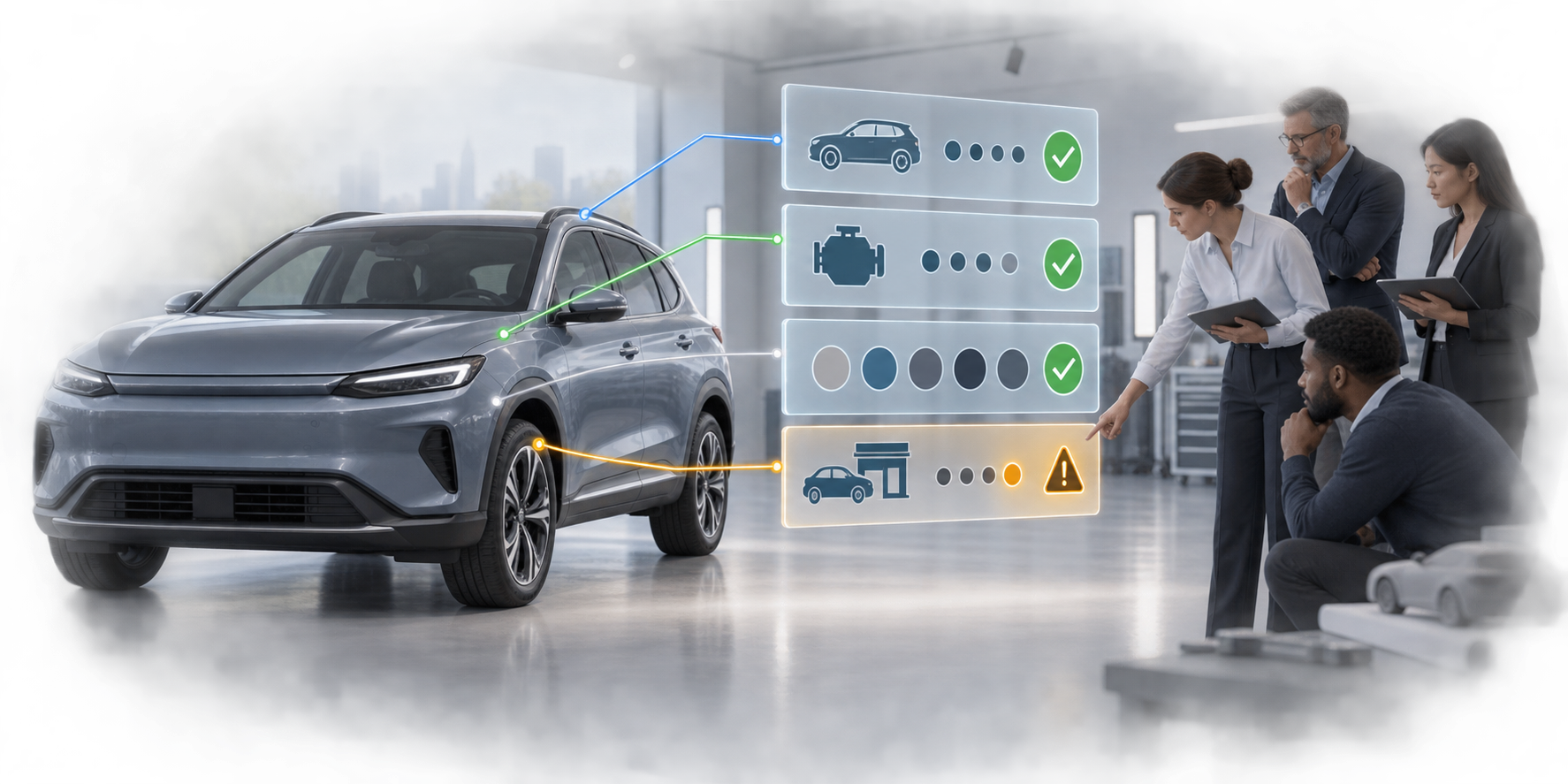 A review team compares an unbranded crossover with abstract vehicle-data panels and isolates one mismatched attribute for inspection.