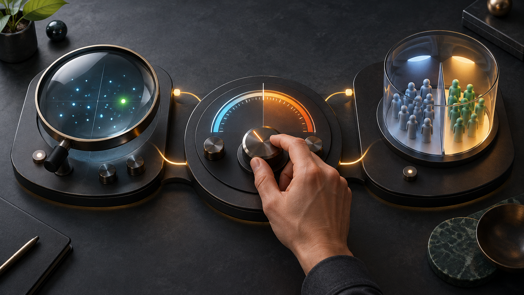 A hand makes a small adjustment on a control desk whose three connected instrument modules represent signal inspection, performance balancing, and controlled testing.