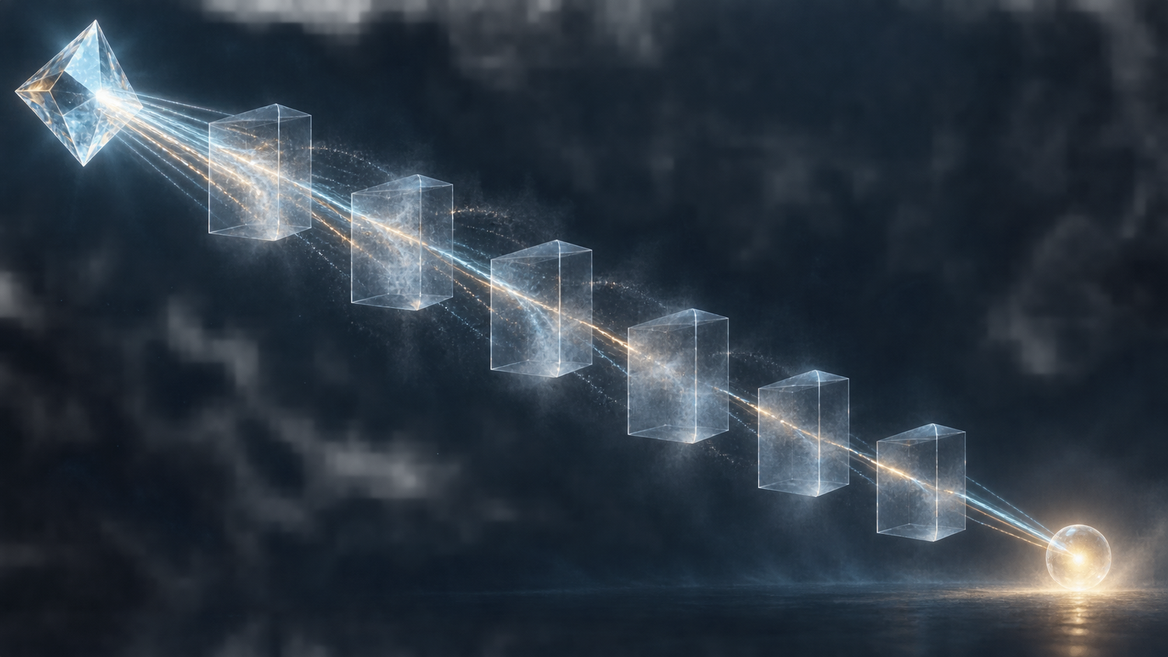 Glowing signals pass through a series of transparent chambers, with some fading or branching before reaching an illuminated destination.