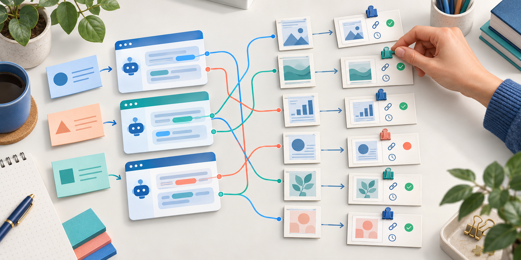 A hand links an AI answer fragment to a source-page card and an organized evidence packet on a desktop.