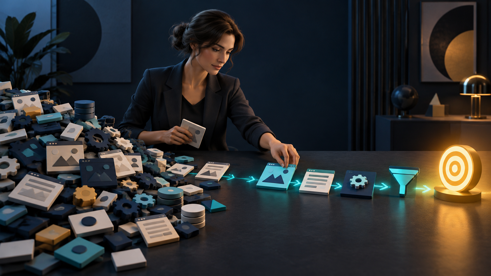 A strategist sorts many abstract website and technical task tiles into a focused path leading toward an illuminated business target.