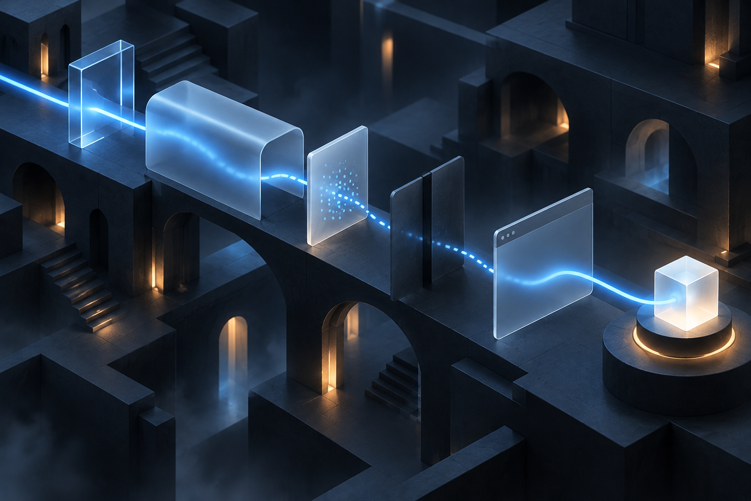 A blue light path crosses translucent gateways and tunnels, disappearing at some handoffs and reappearing near a final pedestal.