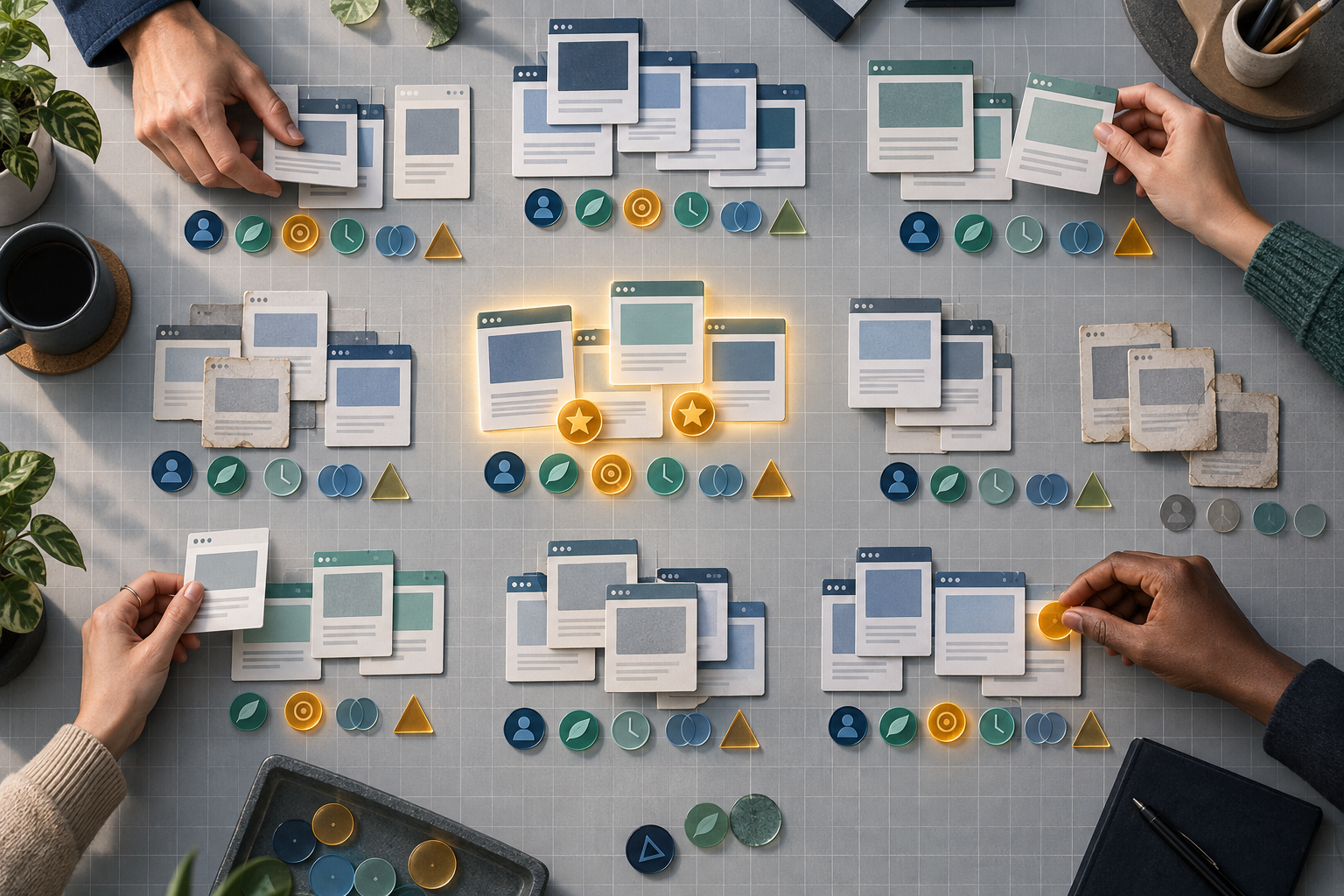 Hands organize unlabeled webpage cards and colored assessment tokens into groups on a content inventory workspace.