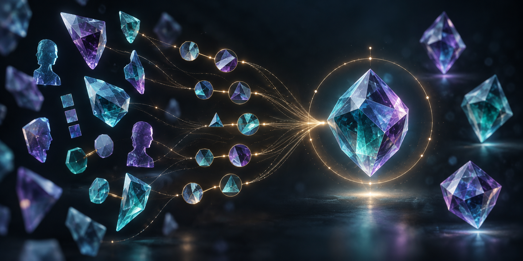 Geometric fragments and abstract profile shapes connect with luminous threads and resolve into one crystalline object, while similar decoys remain separate.