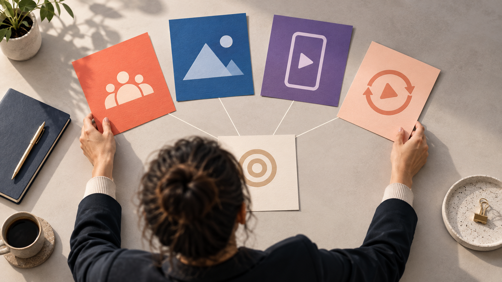 A marketing strategist arranges four blank visual tiles representing different brand-awareness advertising options on a studio table.