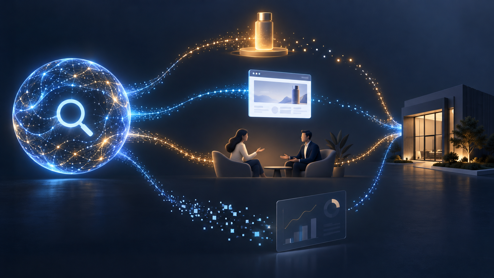 Abstract AI search sphere sending branching signals toward a website, a buyer conversation, and an analytics console, with parts of the tracking trail breaking apart.