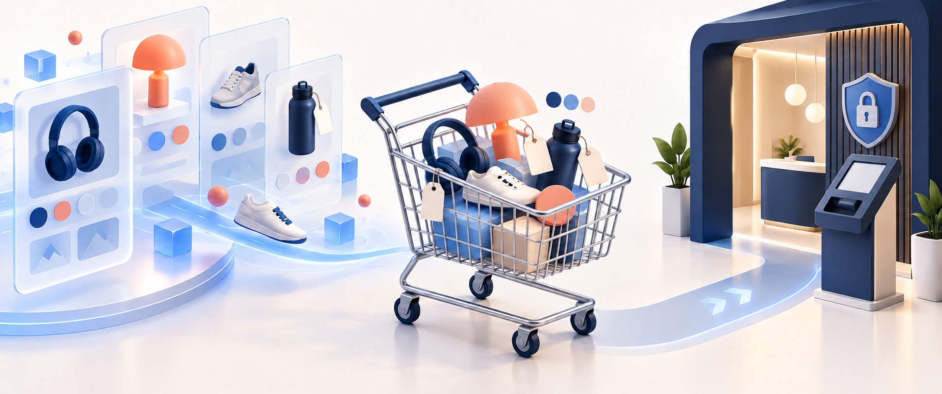 Illustration of products moving from abstract comparison panels into a shared shopping cart that approaches a separate secure checkout portal.