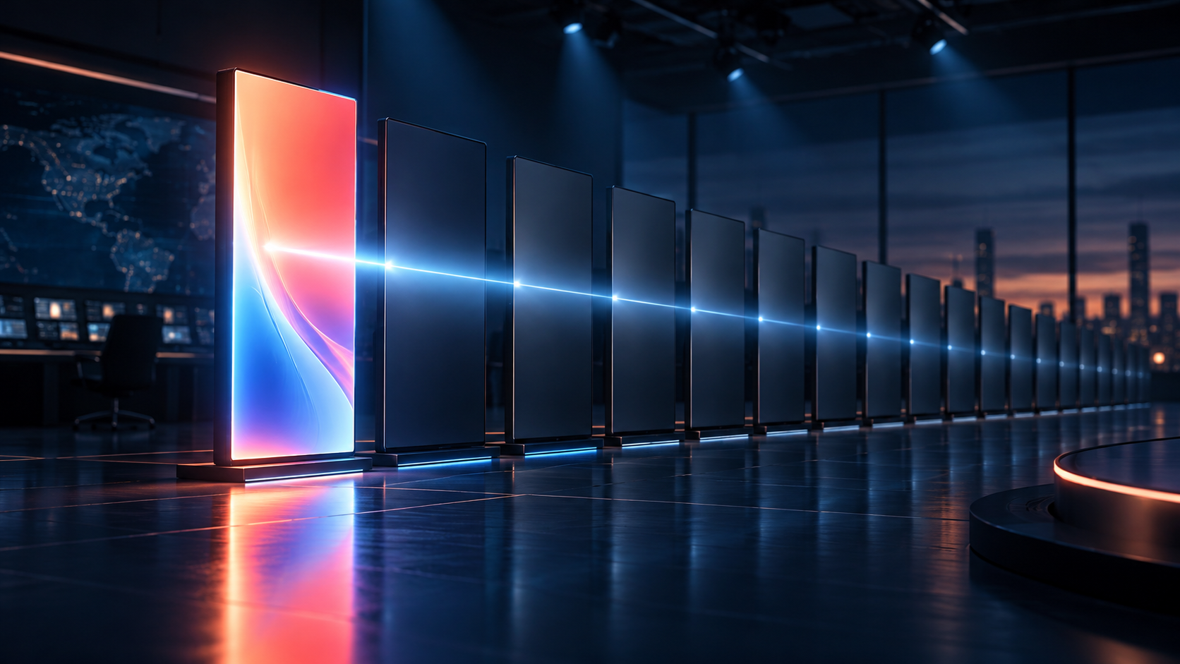A brightly lit display panel stands first in a row of muted panels inside an abstract media control room.
