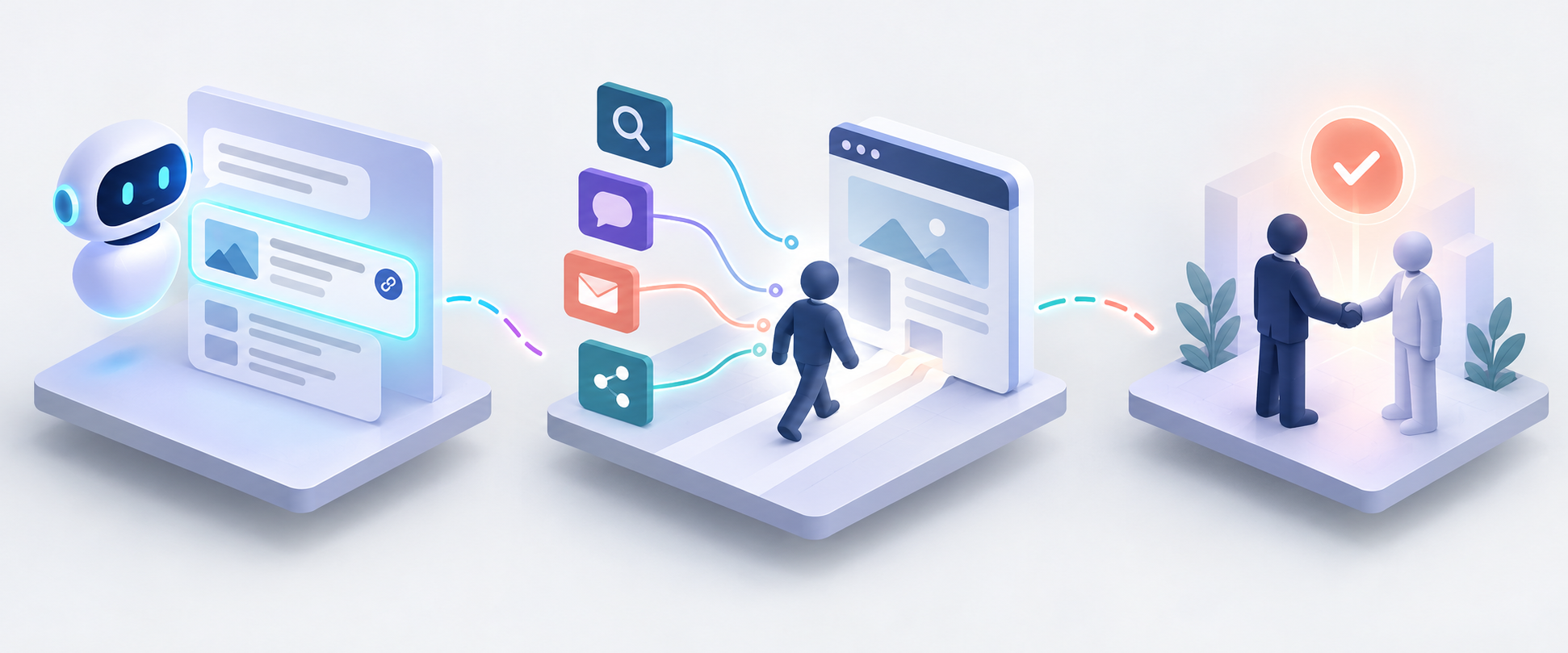 Three connected scenes show an AI answer citing content, a visitor reaching a website, and a handshake representing a business outcome.