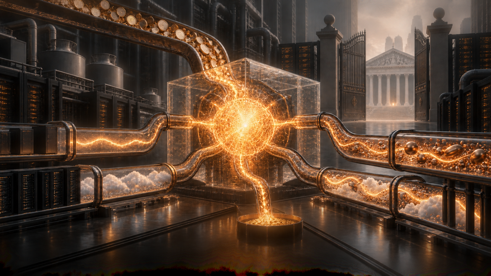An abstract AI computing core channels revenue through servers and major cost streams, with a stock exchange building visible beyond a partially open gate.