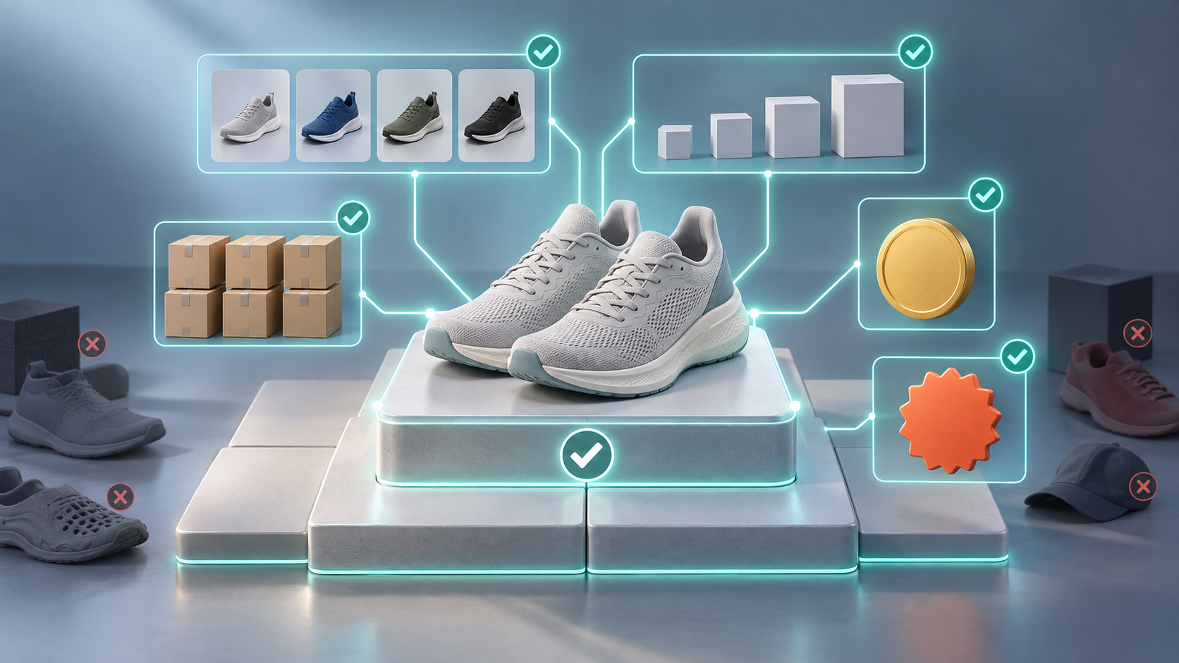 Unbranded running shoes surrounded by connected color, size, inventory, price and promotion elements inside a glowing verification frame.