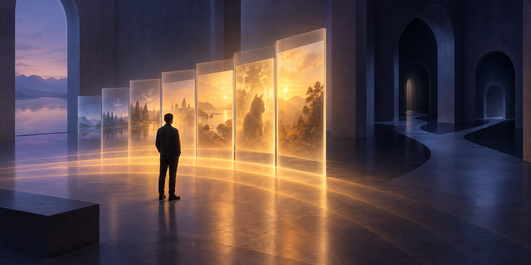 A viewer faces a curved sequence of translucent video frames whose overlapping light grows brighter with each exposure.