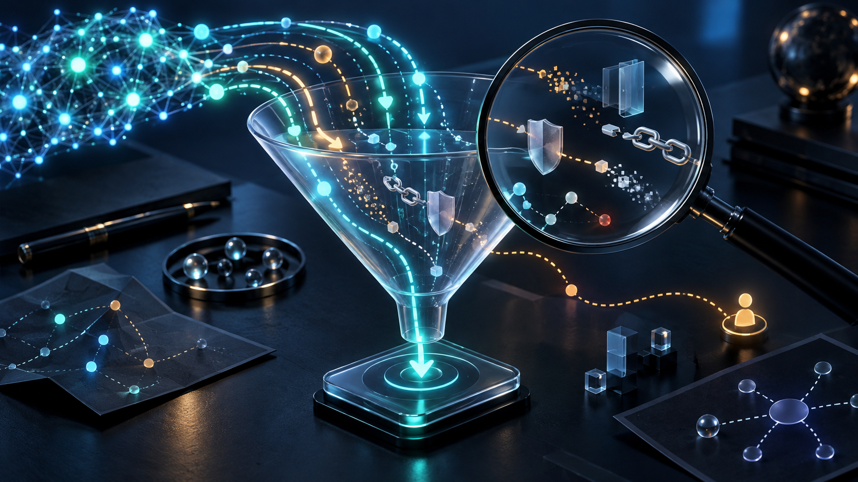 Magnifying lens over a translucent digital funnel reveals broken links and fading traffic paths between an AI network and analytics nodes.