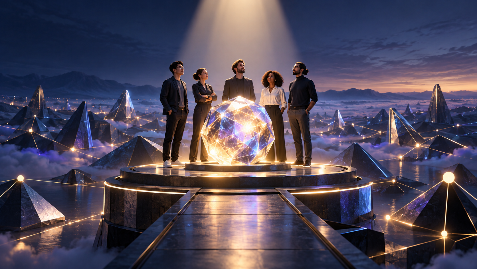 A startup team gathers around a glowing AI signal core on a spotlighted platform among interconnected geometric structures.